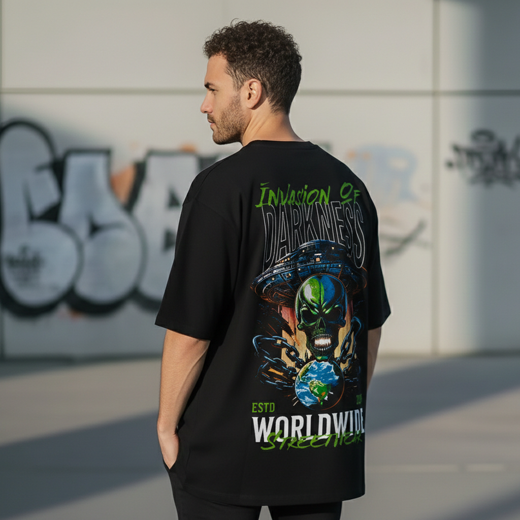 "INVASION OF DARKNESS" Alien UFO Oversized Tee – 220 GSM French Terry