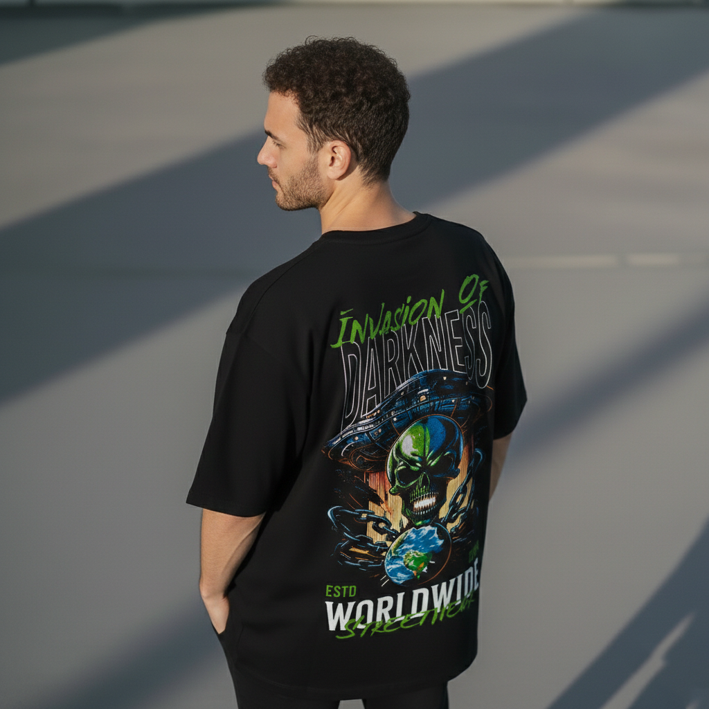 "INVASION OF DARKNESS" Alien UFO Oversized Tee – 220 GSM French Terry